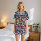 Graphic Flowers On Black Womens Short Sleeve 2-Piece Pyjama Set 2XL Women's Short Sleeve Pyjamas Printed Offshore