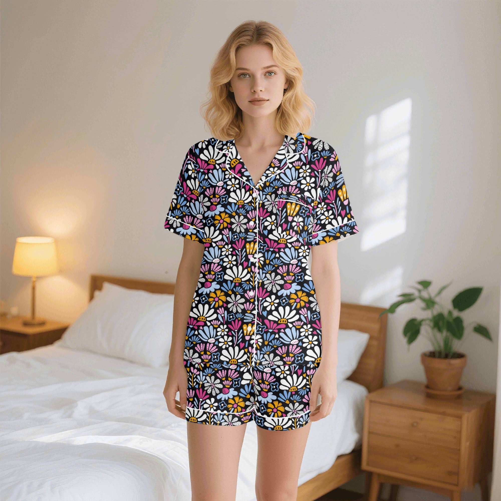 Graphic Flowers On Black Womens Short Sleeve 2-Piece Pyjama Set 2XL Women's Short Sleeve Pyjamas Printed Offshore