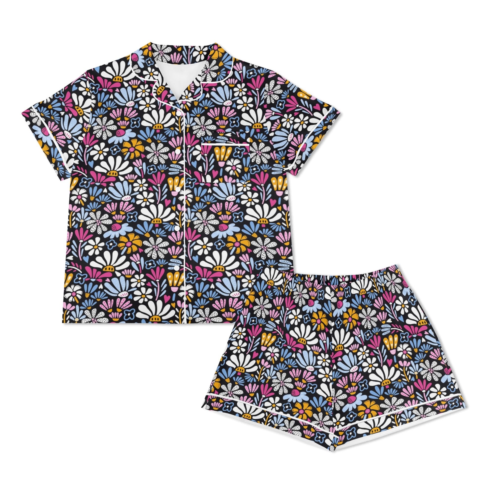 Graphic Flowers On Black Womens Short Sleeve 2-Piece Pyjama Set Women's Short Sleeve Pyjamas Printed Offshore