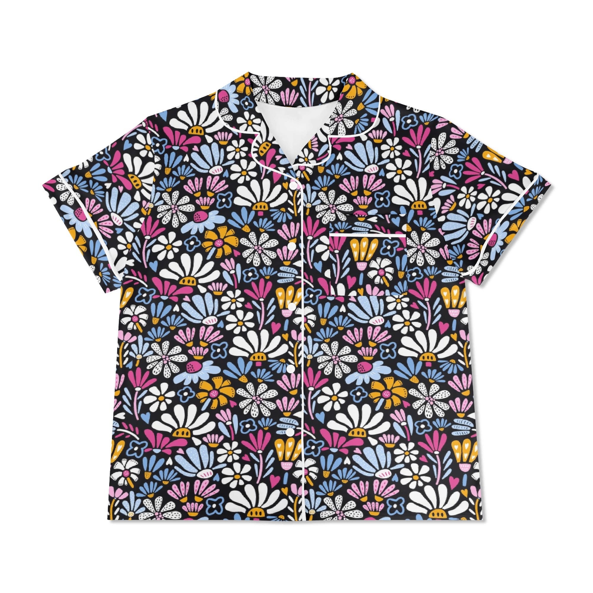 Graphic Flowers On Black Womens Short Sleeve 2-Piece Pyjama Set Women's Short Sleeve Pyjamas Printed Offshore