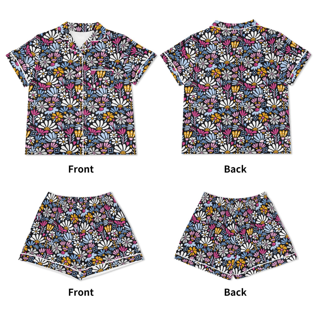 Graphic Flowers On Black Womens Short Sleeve 2-Piece Pyjama Set Women's Short Sleeve Pyjamas Printed Offshore