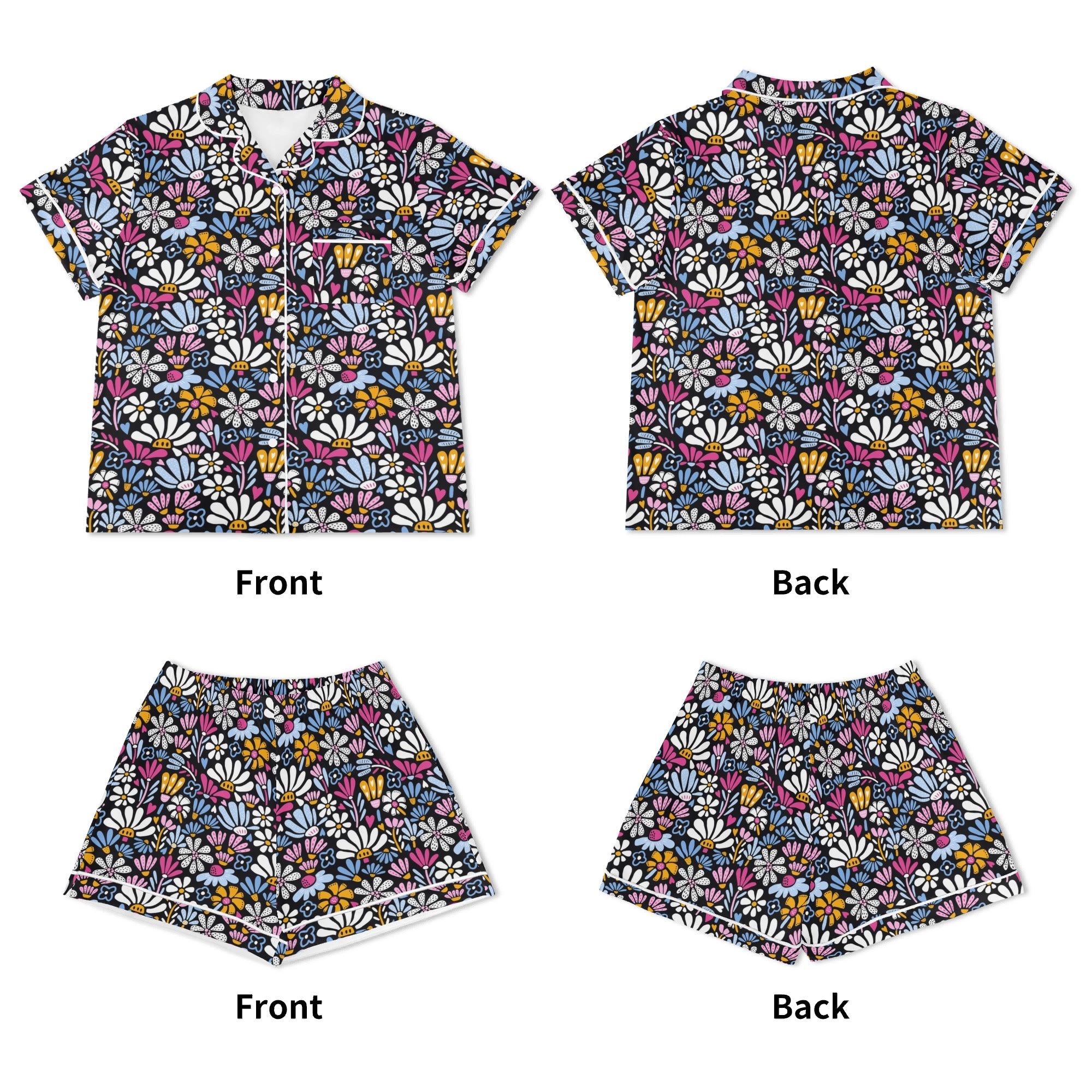 Graphic Flowers On Black Womens Short Sleeve 2-Piece Pyjama Set Women's Short Sleeve Pyjamas Printed Offshore
