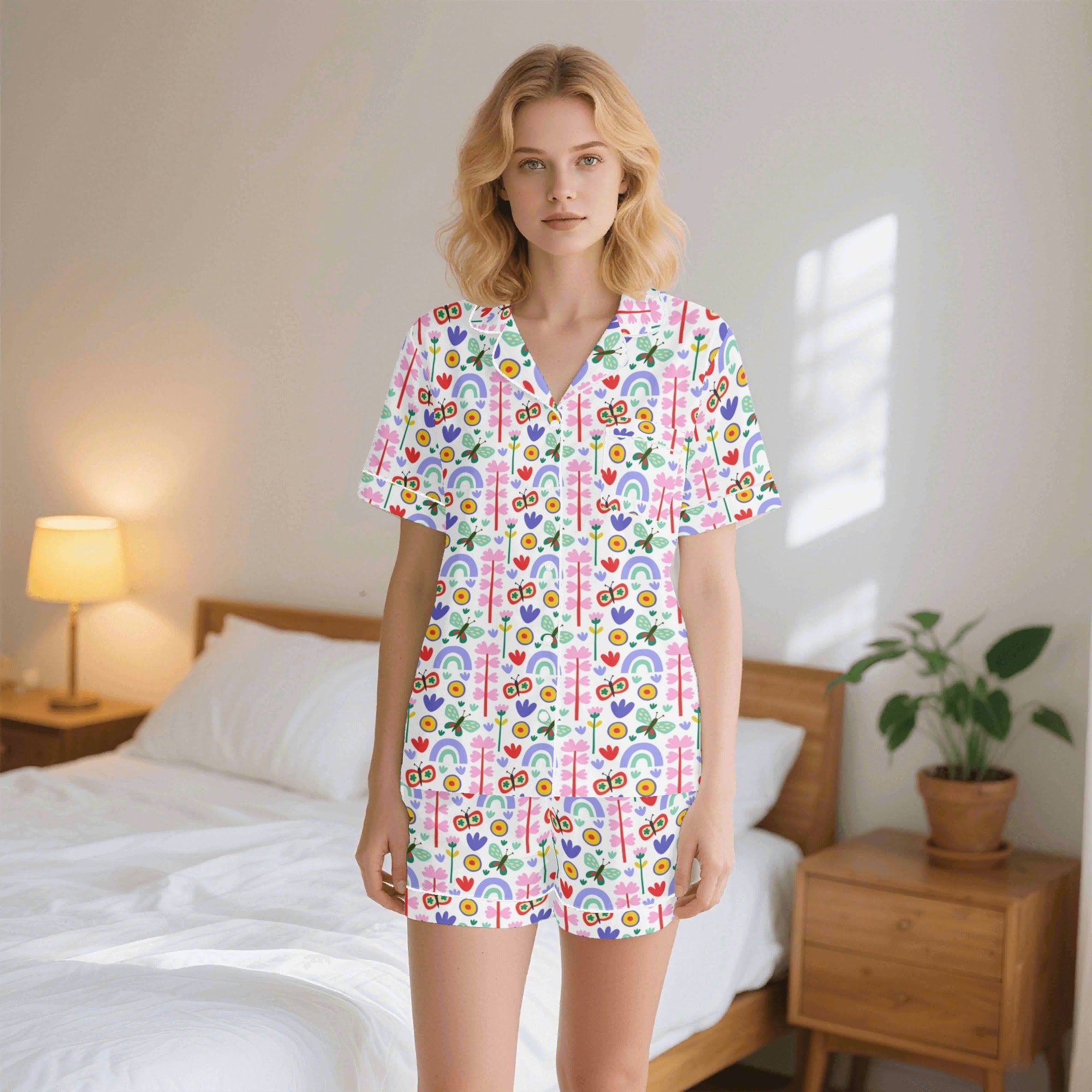 Rainbows And Butterflies Womens Short Sleeve 2-Piece Pyjama Set 2XL Women's Short Sleeve Pyjamas animal Printed Offshore