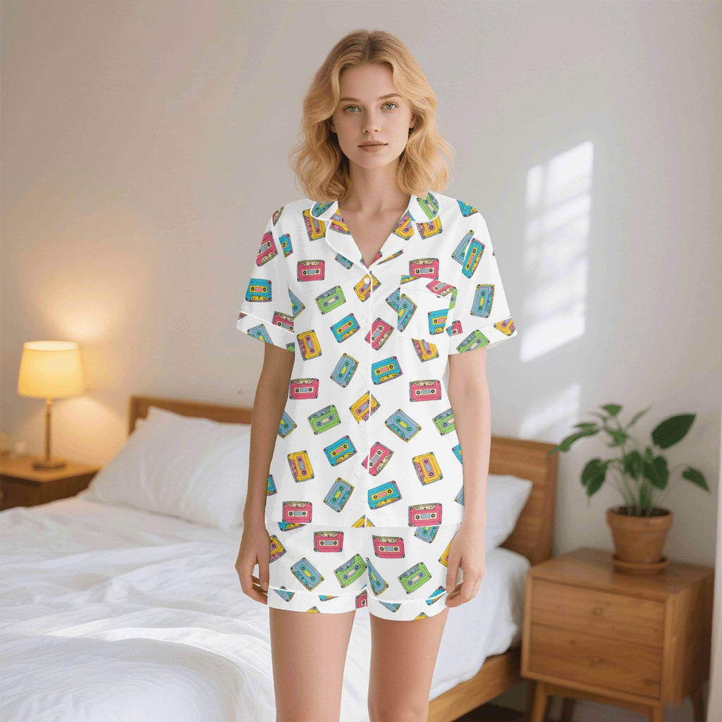 Colourful Cassettes, White Womens Short Sleeve 2-Piece Pyjama Set 2XL Women's Short Sleeve Pyjamas Music Printed Offshore Retro