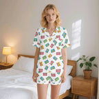 Colourful Cassettes, White Womens Short Sleeve 2-Piece Pyjama Set 2XL Women's Short Sleeve Pyjamas Music Printed Offshore Retro
