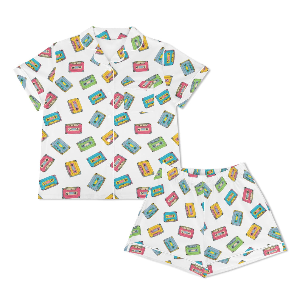 Colourful Cassettes, White Womens Short Sleeve 2-Piece Pyjama Set Women's Short Sleeve Pyjamas Music Printed Offshore Retro