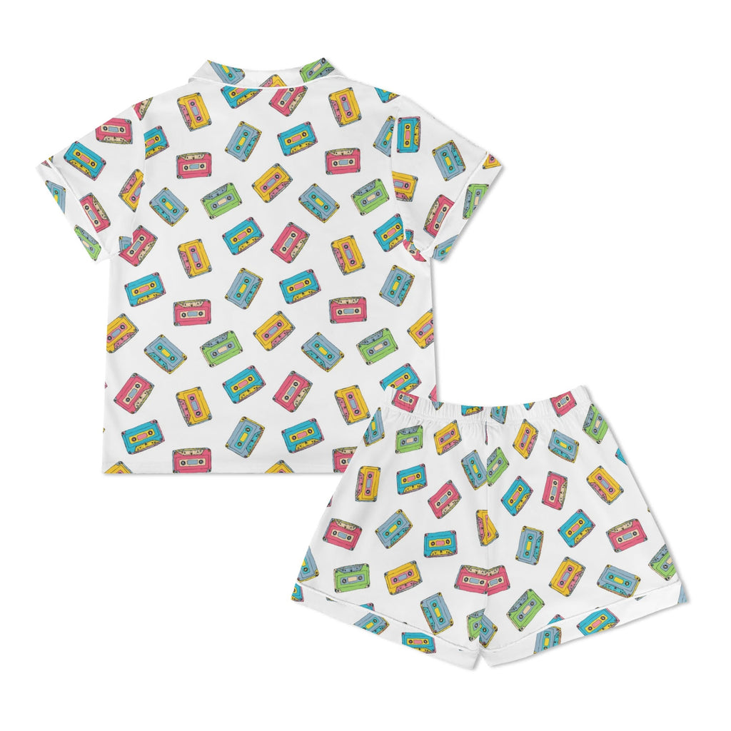 Colourful Cassettes, White Womens Short Sleeve 2-Piece Pyjama Set Women's Short Sleeve Pyjamas Music Printed Offshore Retro