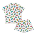 Colourful Cassettes, White Womens Short Sleeve 2-Piece Pyjama Set Women's Short Sleeve Pyjamas Music Printed Offshore Retro