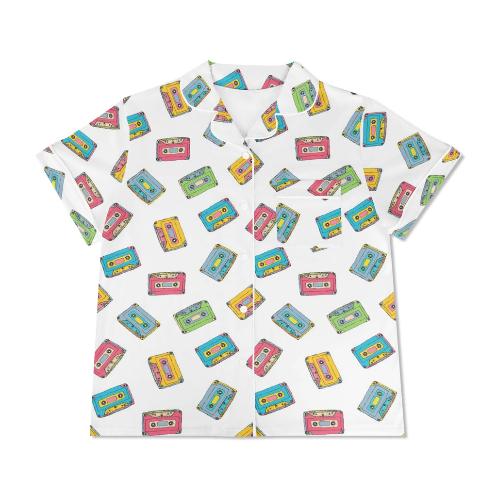 Colourful Cassettes, White Womens Short Sleeve 2-Piece Pyjama Set Women's Short Sleeve Pyjamas Music Printed Offshore Retro
