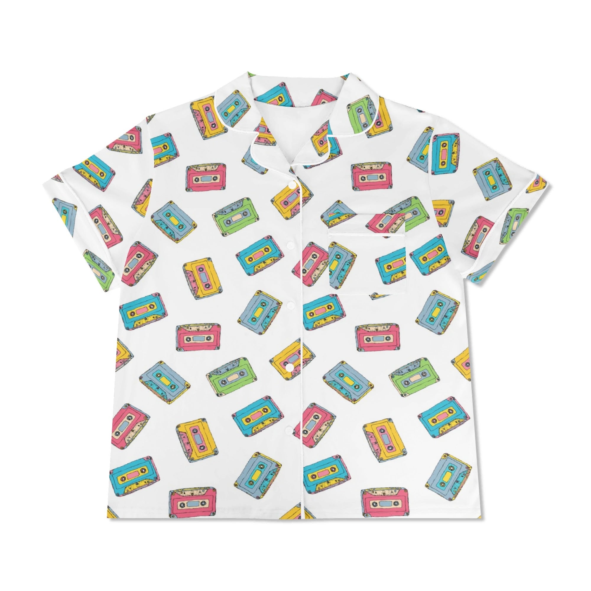 Colourful Cassettes, White Womens Short Sleeve 2-Piece Pyjama Set Women's Short Sleeve Pyjamas Music Printed Offshore Retro