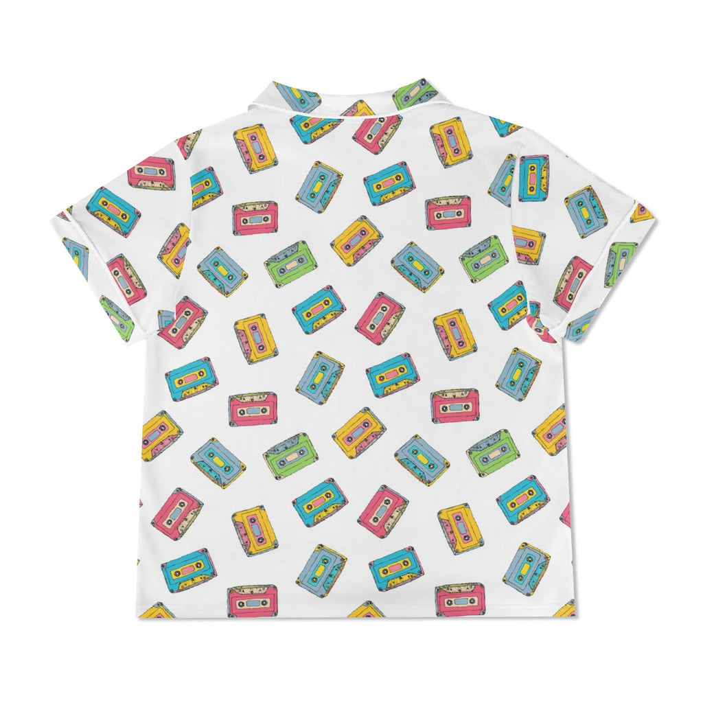 Colourful Cassettes, White Womens Short Sleeve 2-Piece Pyjama Set Women's Short Sleeve Pyjamas Music Printed Offshore Retro