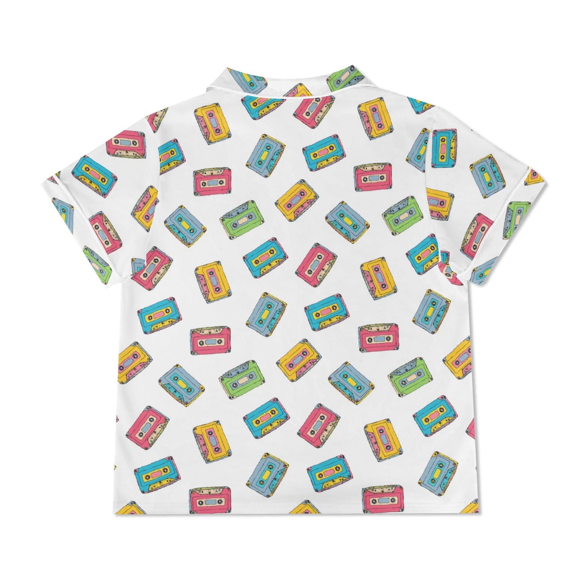 Colourful Cassettes, White Womens Short Sleeve 2-Piece Pyjama Set Women's Short Sleeve Pyjamas Music Printed Offshore Retro