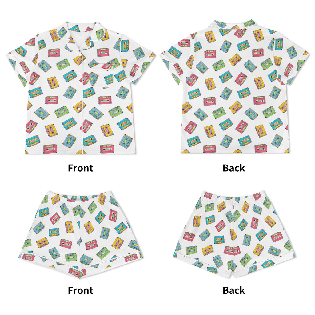 Colourful Cassettes, White Womens Short Sleeve 2-Piece Pyjama Set Women's Short Sleeve Pyjamas Music Printed Offshore Retro