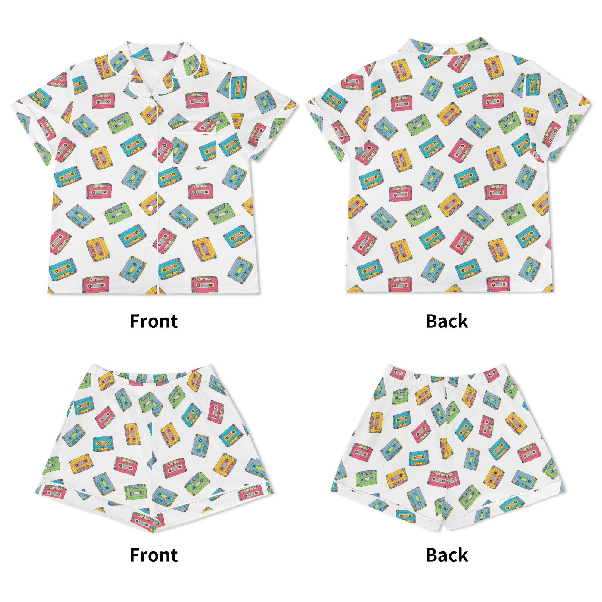 Colourful Cassettes, White Womens Short Sleeve 2-Piece Pyjama Set Women's Short Sleeve Pyjamas Music Printed Offshore Retro