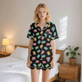 Colourful Cassettes, Black Womens Short Sleeve 2-Piece Pyjama Set 2XL Women's Short Sleeve Pyjamas Music Printed Offshore Retro