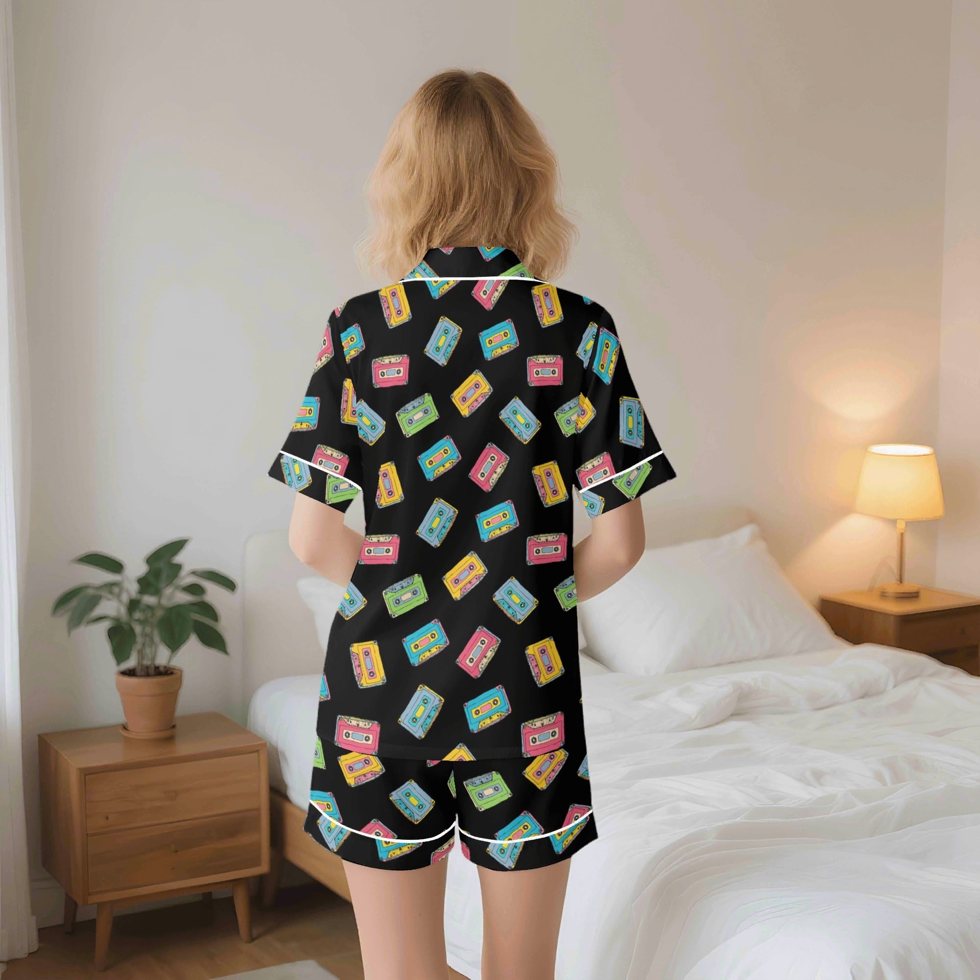 Colourful Cassettes, Black Womens Short Sleeve 2-Piece Pyjama Set Women's Short Sleeve Pyjamas Music Printed Offshore Retro