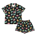 Colourful Cassettes, Black Womens Short Sleeve 2-Piece Pyjama Set Women's Short Sleeve Pyjamas Music Printed Offshore Retro