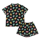 Colourful Cassettes, Black Womens Short Sleeve 2-Piece Pyjama Set Women's Short Sleeve Pyjamas Music Printed Offshore Retro