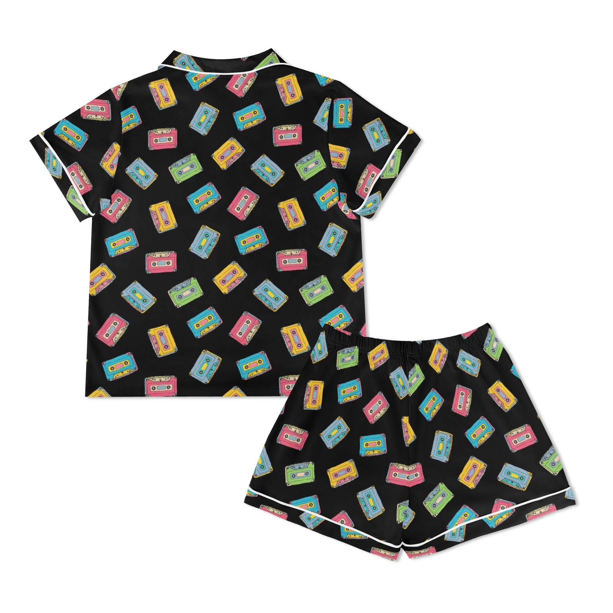Colourful Cassettes, Black Womens Short Sleeve 2-Piece Pyjama Set Women's Short Sleeve Pyjamas Music Printed Offshore Retro