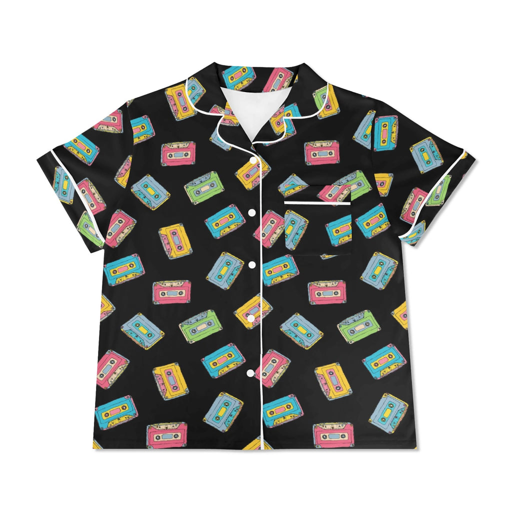 Colourful Cassettes, Black Womens Short Sleeve 2-Piece Pyjama Set Women's Short Sleeve Pyjamas Music Printed Offshore Retro