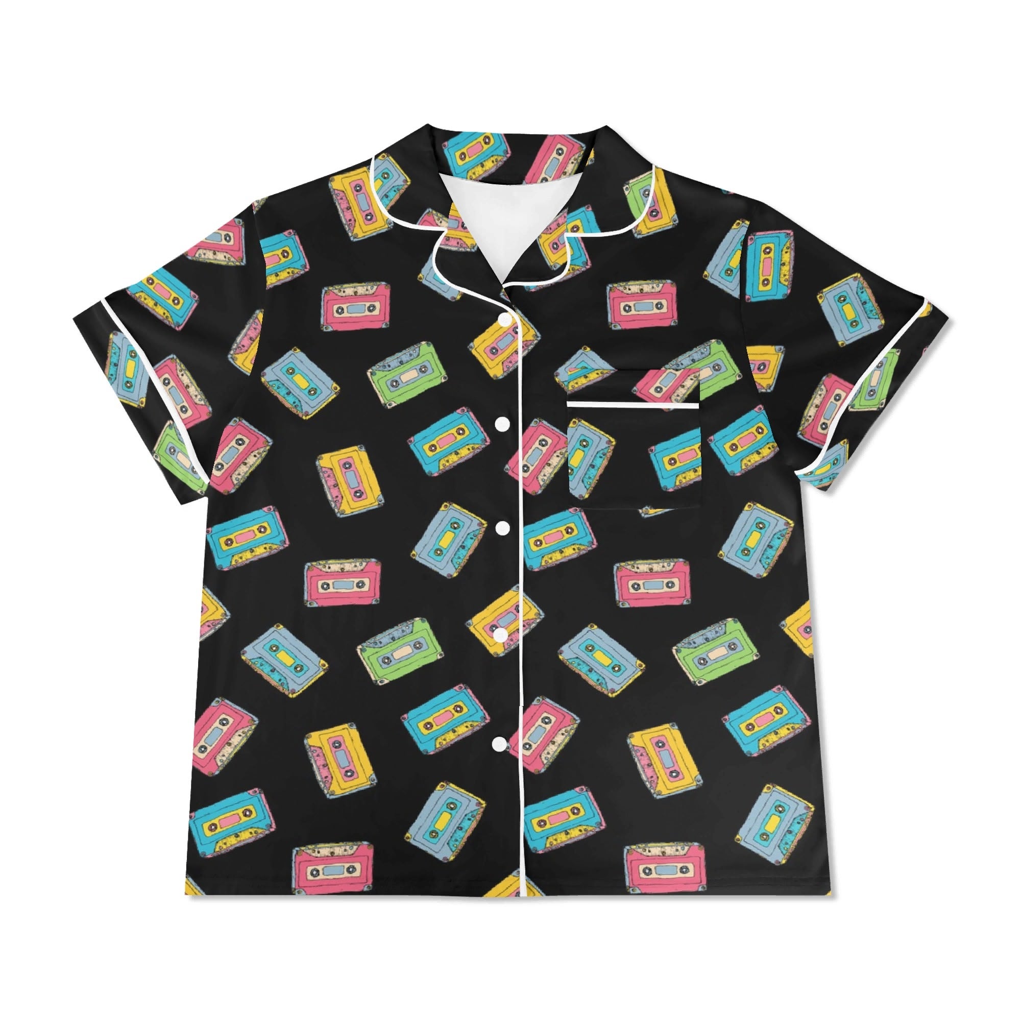 Colourful Cassettes, Black Womens Short Sleeve 2-Piece Pyjama Set Women's Short Sleeve Pyjamas Music Printed Offshore Retro