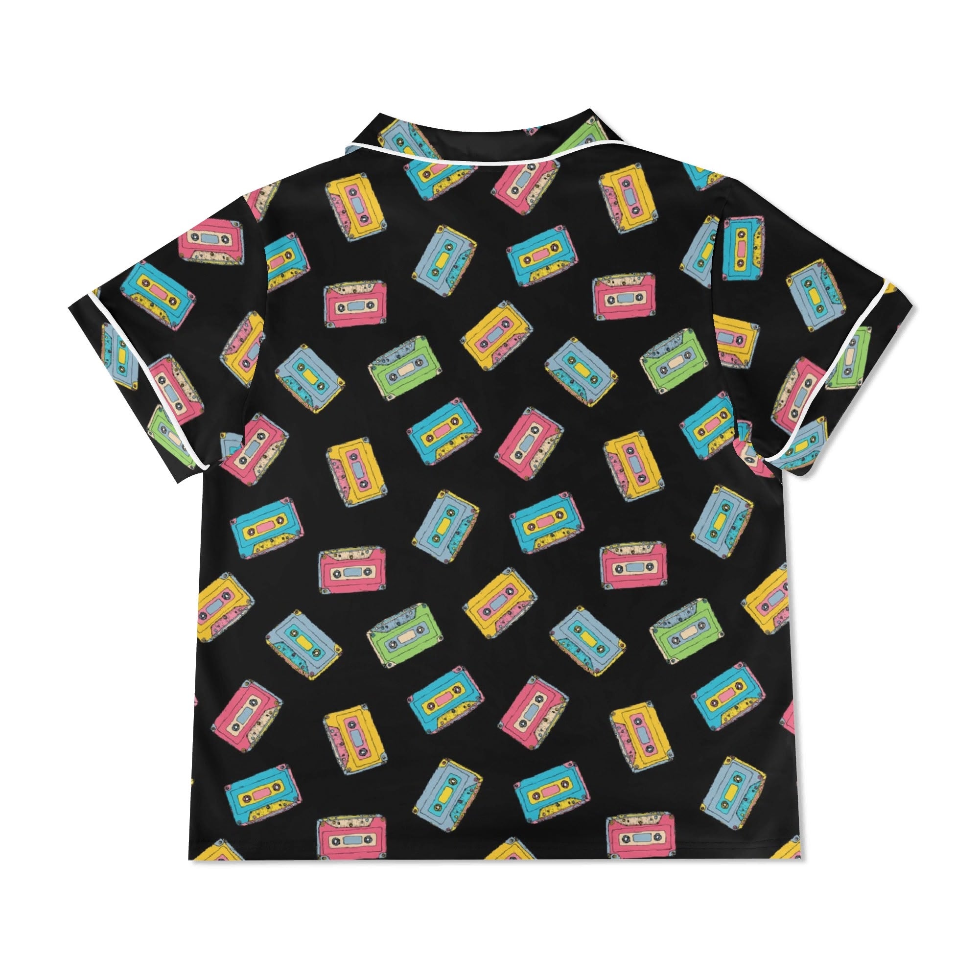 Colourful Cassettes, Black Womens Short Sleeve 2-Piece Pyjama Set Women's Short Sleeve Pyjamas Music Printed Offshore Retro