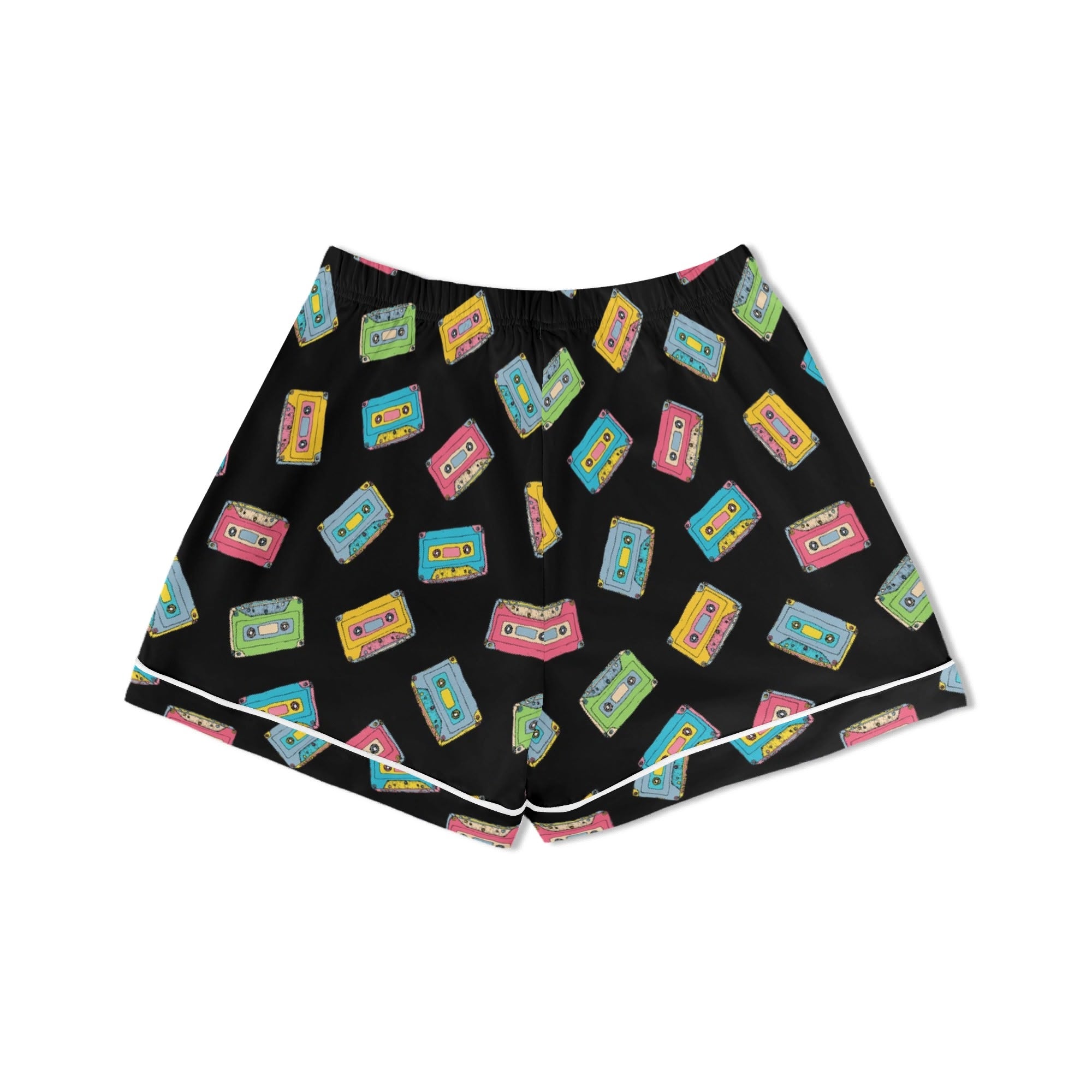 Colourful Cassettes, Black Womens Short Sleeve 2-Piece Pyjama Set Women's Short Sleeve Pyjamas Music Printed Offshore Retro