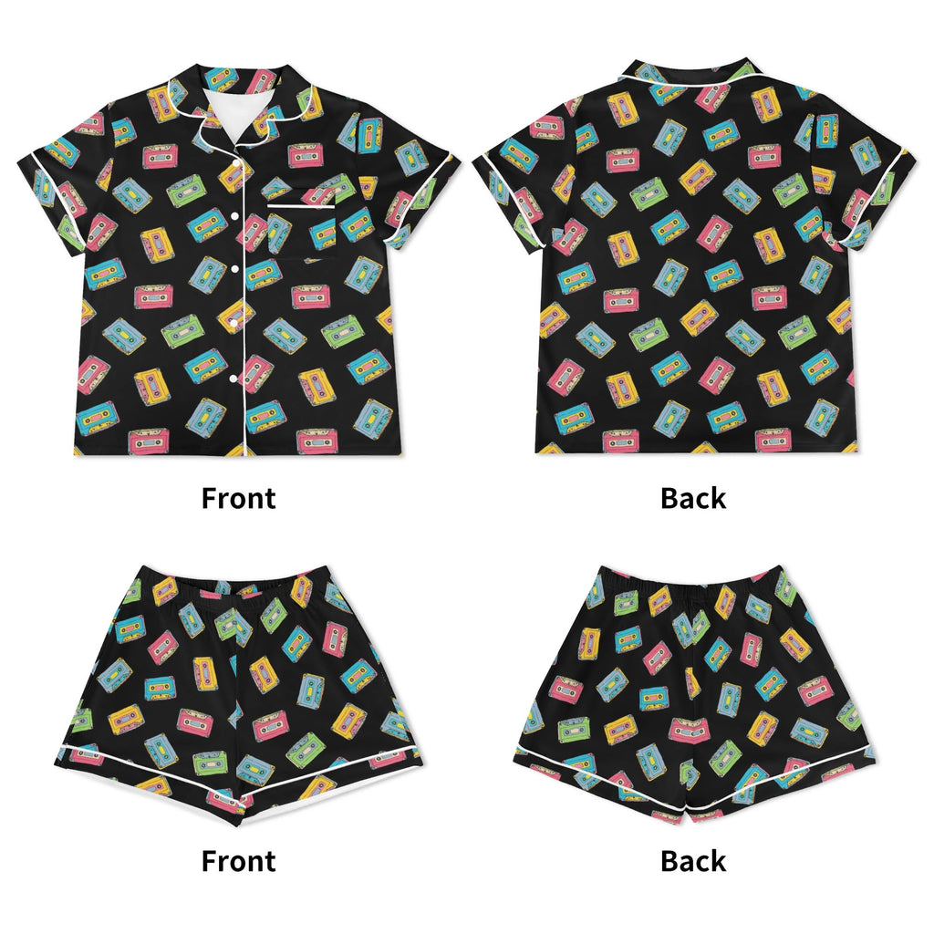 Colourful Cassettes, Black Womens Short Sleeve 2-Piece Pyjama Set Women's Short Sleeve Pyjamas Music Printed Offshore Retro
