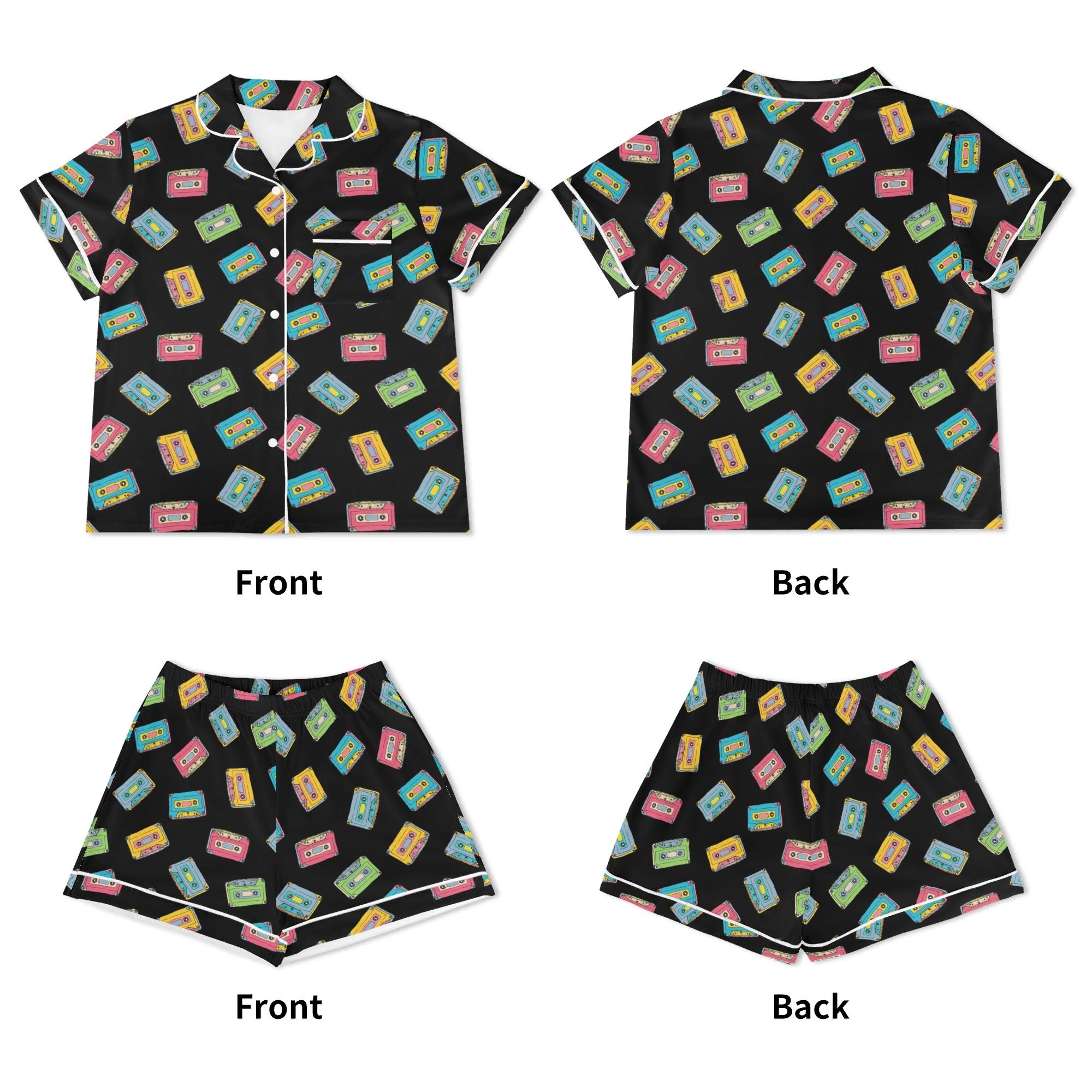 Colourful Cassettes, Black Womens Short Sleeve 2-Piece Pyjama Set Women's Short Sleeve Pyjamas Music Printed Offshore Retro
