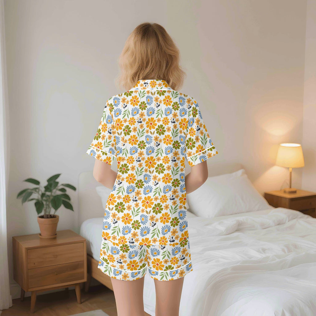 Retro Boho Flowers Womens Short Sleeve 2-Piece Pyjama Set Women's Short Sleeve Pyjamas Plants Printed Offshore
