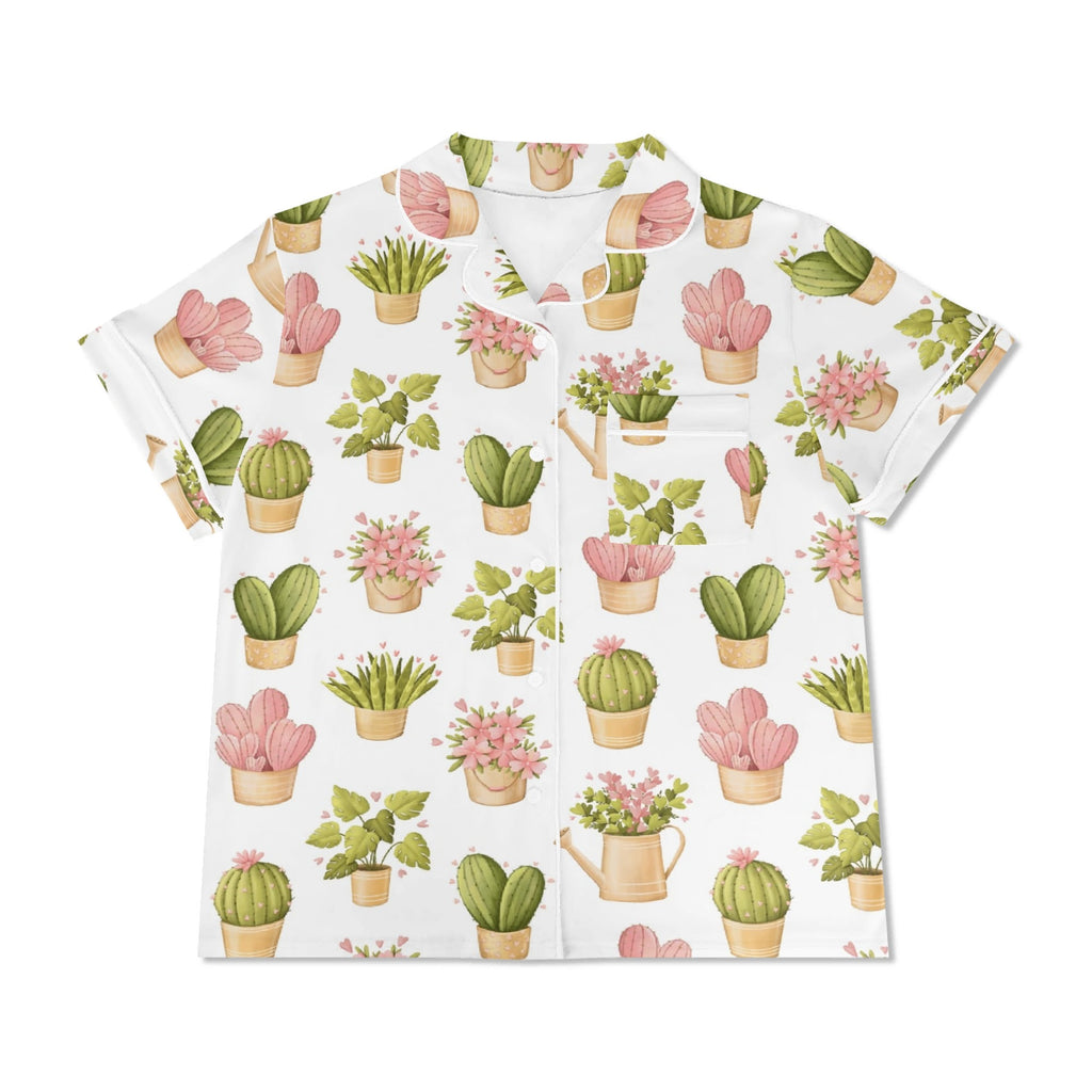 Cactus Pots And Flowers Womens Short Sleeve 2-Piece Pyjama Set Women's Short Sleeve Pyjamas Plants Printed Offshore