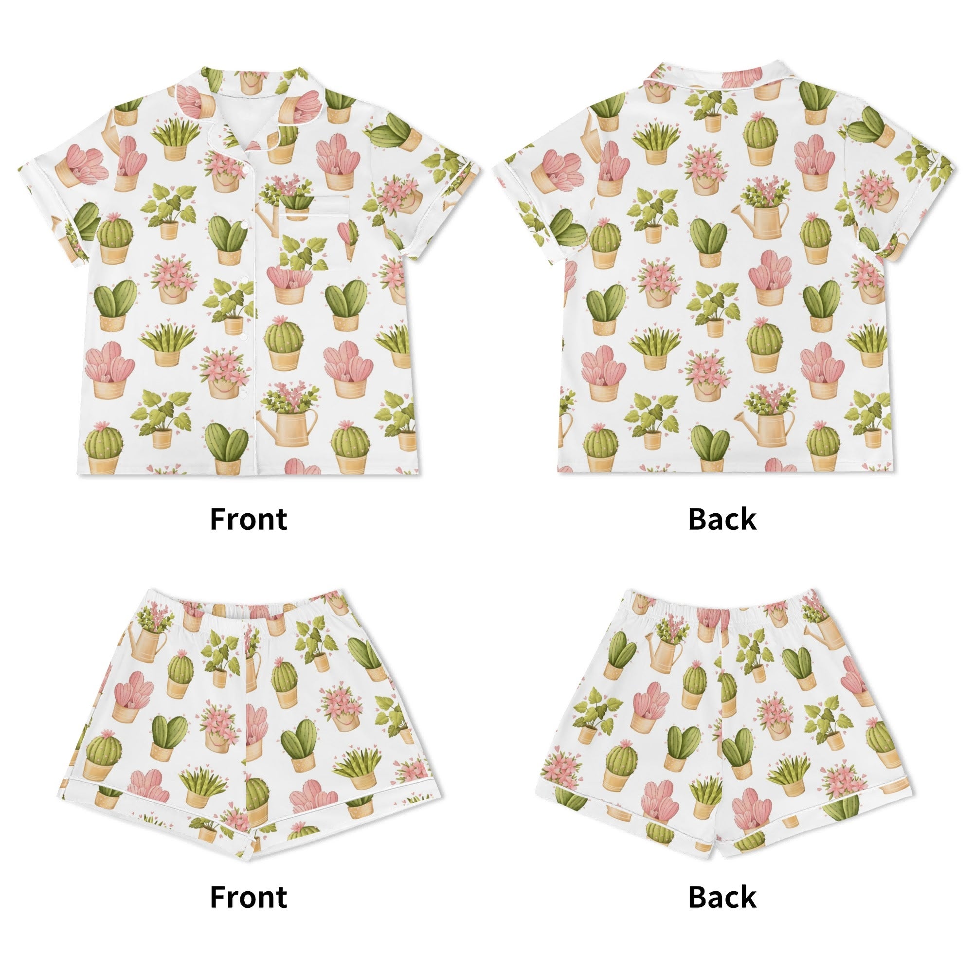 Cactus Pots And Flowers Womens Short Sleeve 2-Piece Pyjama Set Women's Short Sleeve Pyjamas Plants Printed Offshore