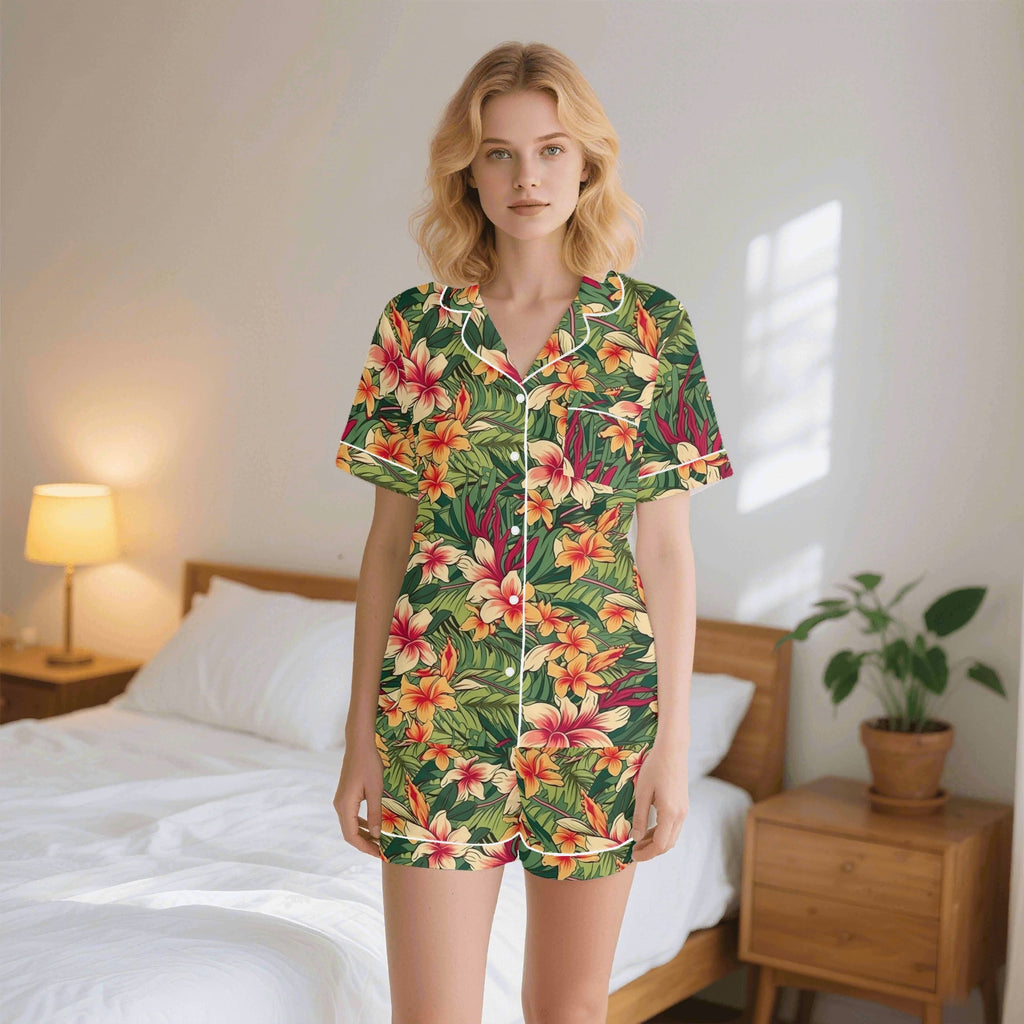Vintage Hawaiian Floral Womens Short Sleeve 2-Piece Pyjama Set 2XL Women's Short Sleeve Pyjamas Plants Printed Offshore