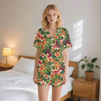Vintage Hawaiian Floral Womens Short Sleeve 2-Piece Pyjama Set 2XL Women's Short Sleeve Pyjamas Plants Printed Offshore