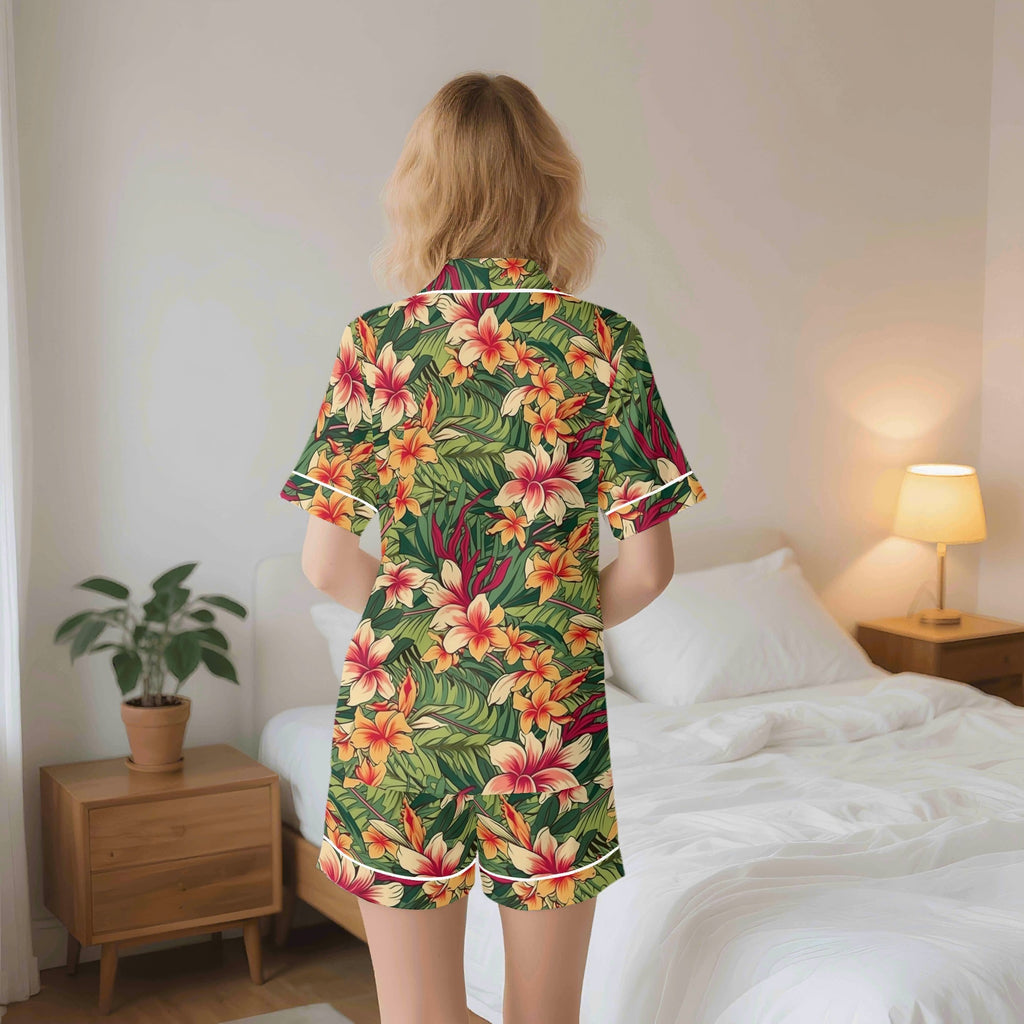 Vintage Hawaiian Floral Womens Short Sleeve 2-Piece Pyjama Set Women's Short Sleeve Pyjamas Plants Printed Offshore