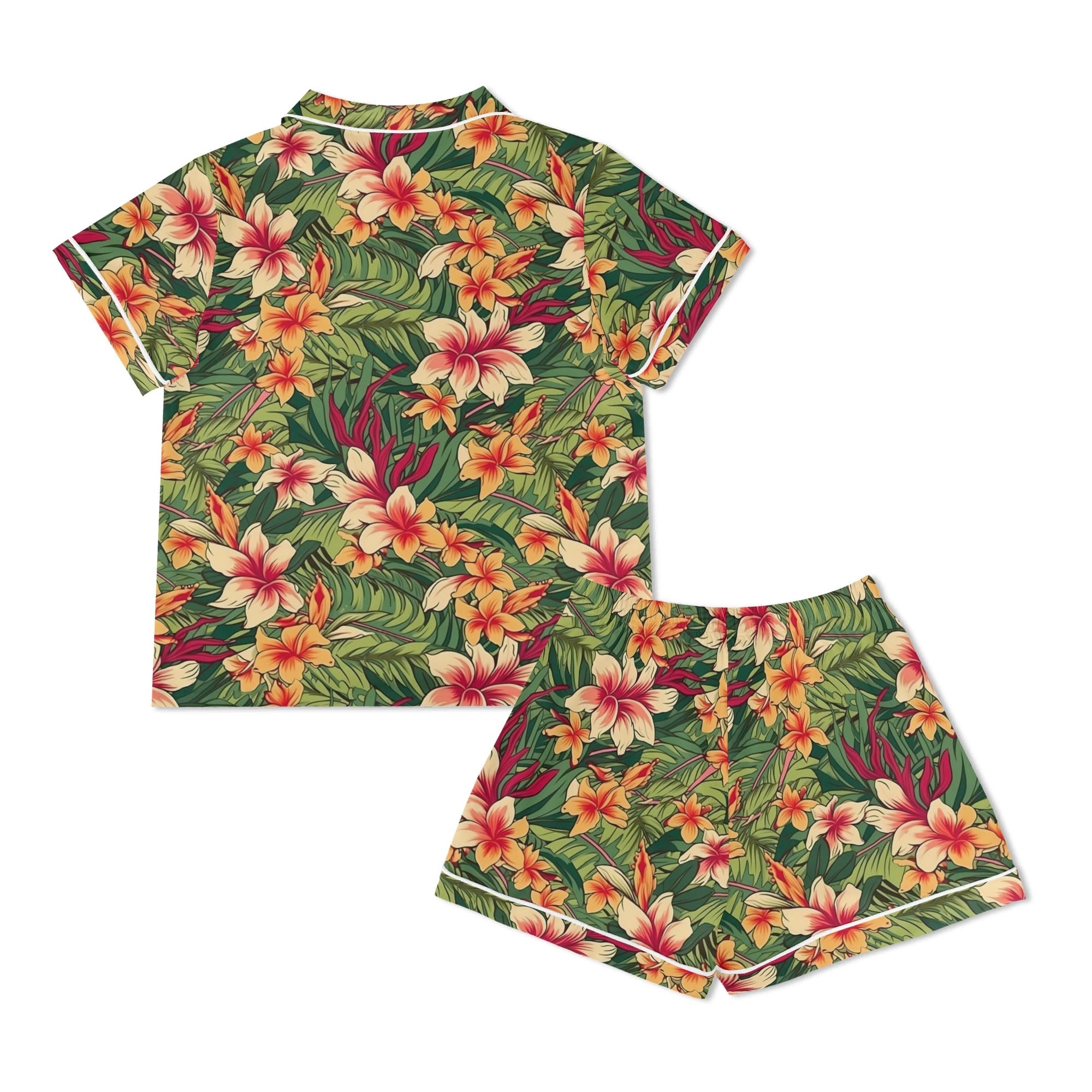 Vintage Hawaiian Floral Womens Short Sleeve 2-Piece Pyjama Set Women's Short Sleeve Pyjamas Plants Printed Offshore