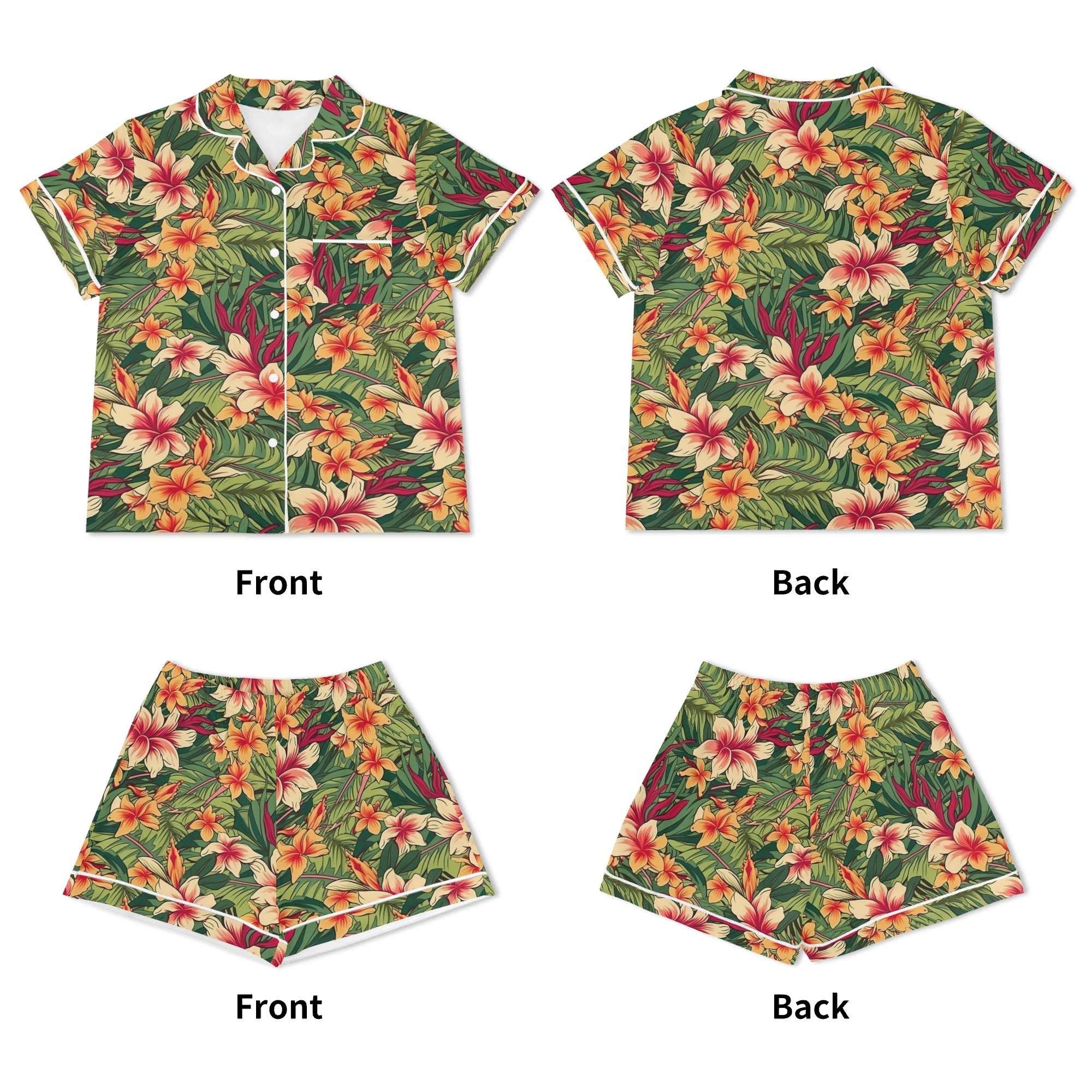 Vintage Hawaiian Floral Womens Short Sleeve 2-Piece Pyjama Set Women's Short Sleeve Pyjamas Plants Printed Offshore