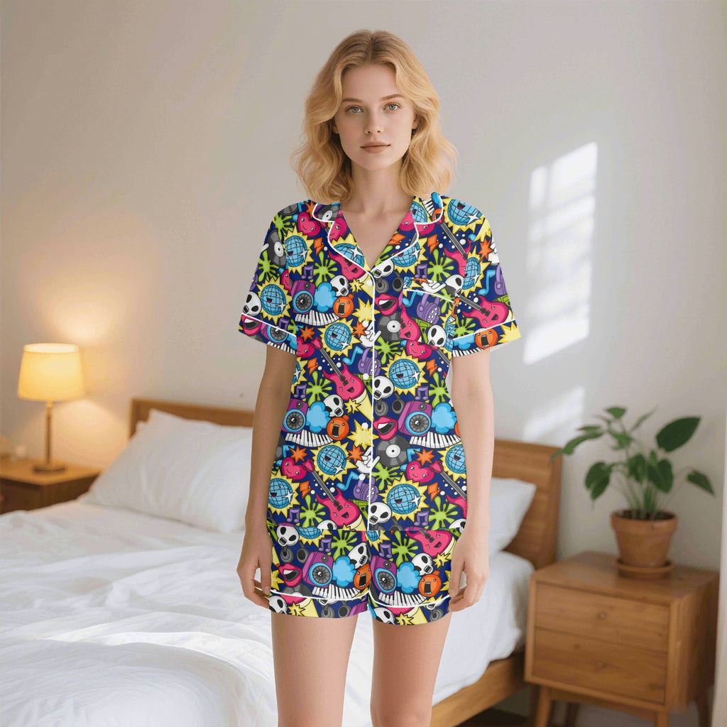 Sticker Music Womens Short Sleeve 2-Piece Pyjama Set 2XL Women's Short Sleeve Pyjamas Music Printed Offshore