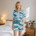 Ocean Waves Womens Short Sleeve 2-Piece Pyjama Set 2XL Women's Short Sleeve Pyjamas Ocean Printed Offshore Surf