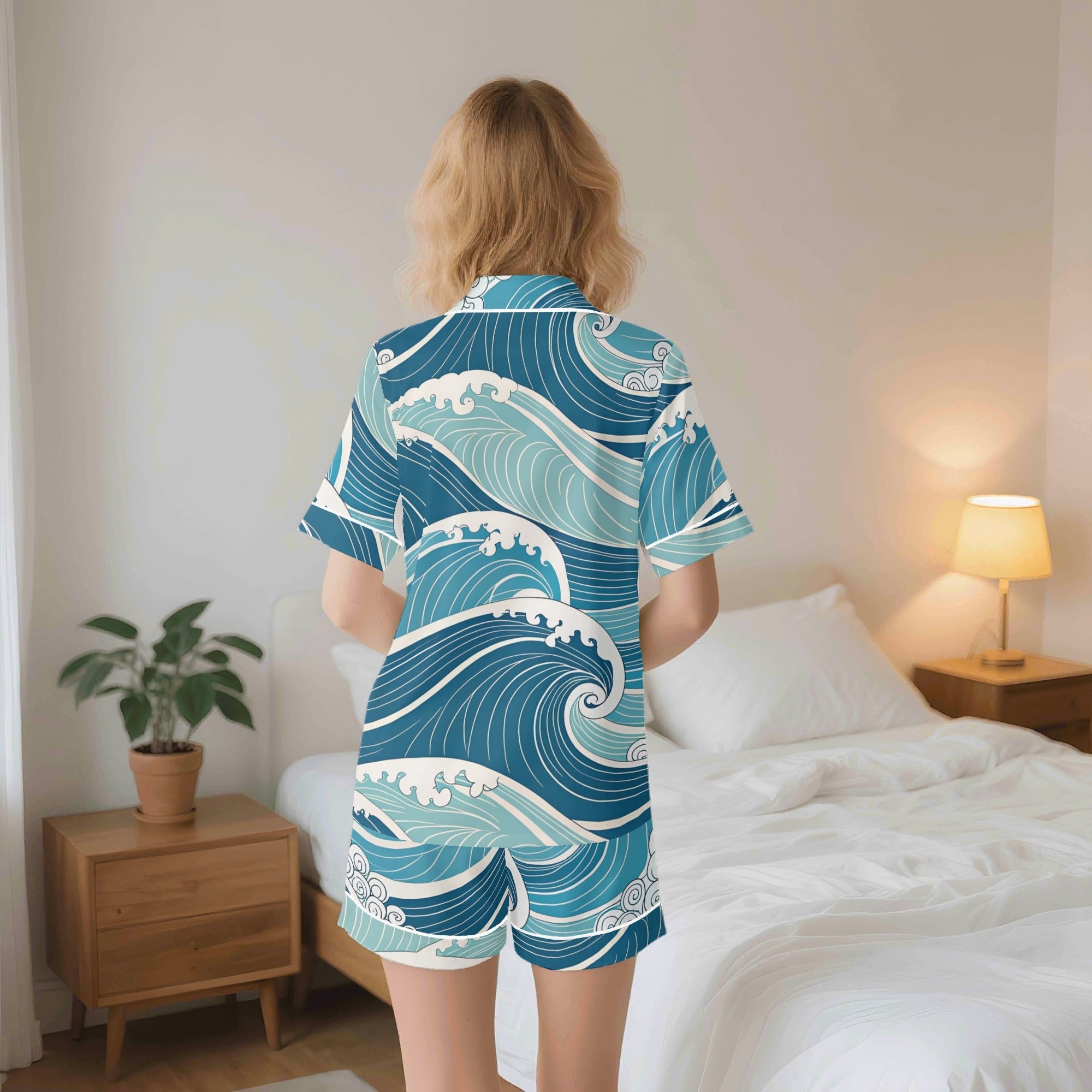 Ocean Waves Womens Short Sleeve 2-Piece Pyjama Set Women's Short Sleeve Pyjamas Ocean Printed Offshore Surf