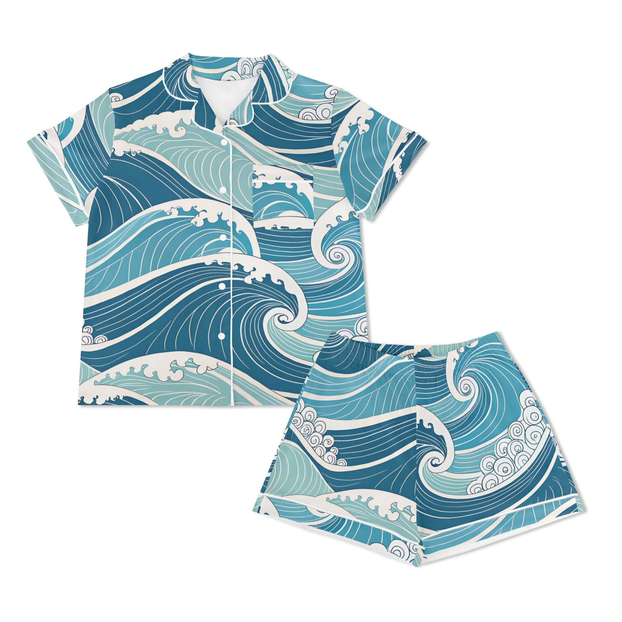 Ocean Waves Womens Short Sleeve 2-Piece Pyjama Set Women's Short Sleeve Pyjamas Ocean Printed Offshore Surf