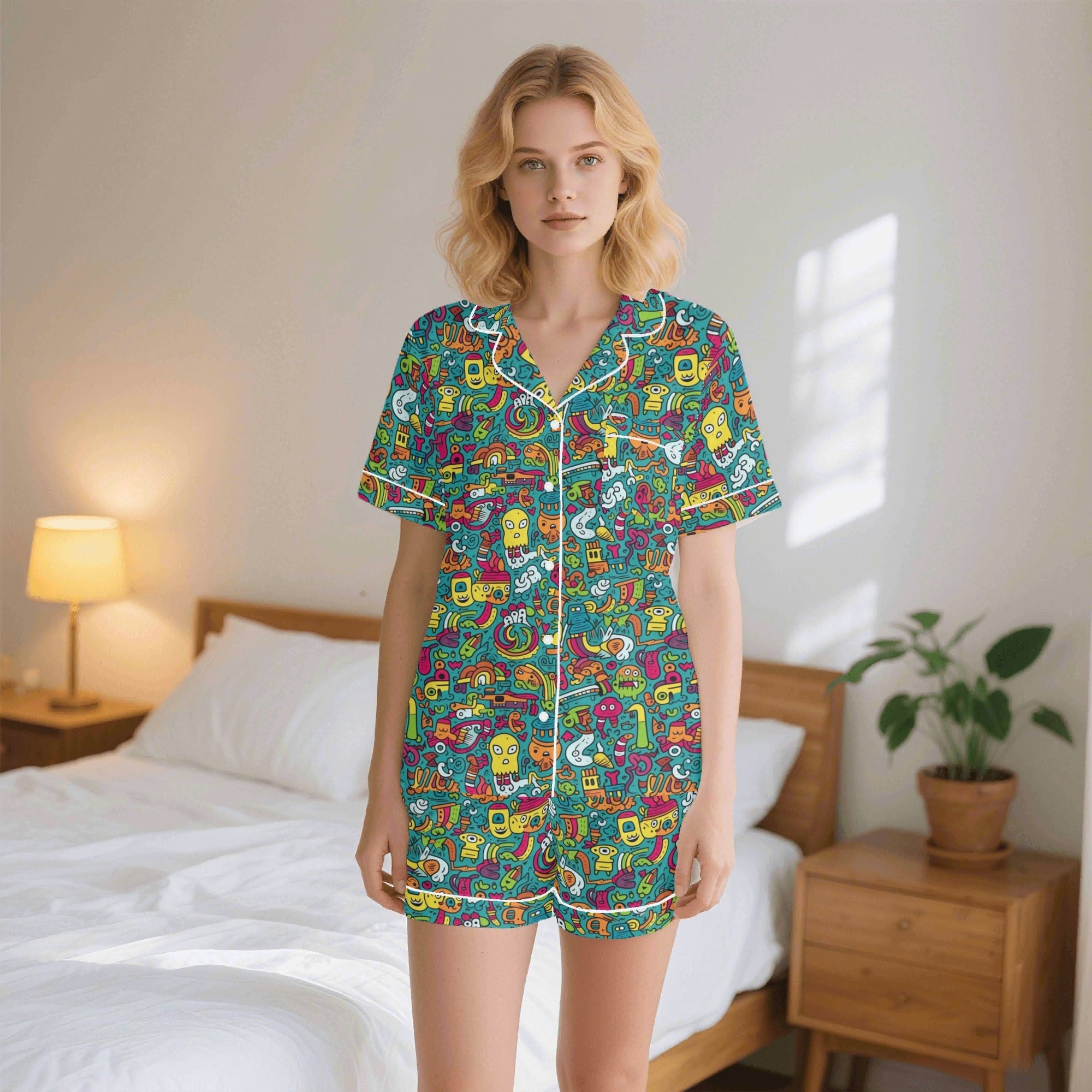 Crazy Characters Womens Short Sleeve 2-Piece Pyjama Set 2XL Women's Short Sleeve Pyjamas Printed Offshore Sci Fi