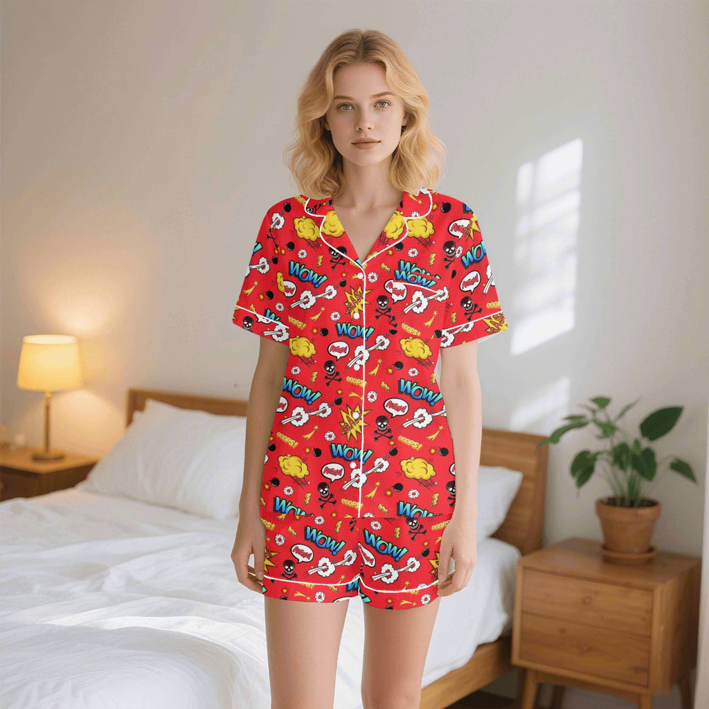 Comic Book Red Womens Short Sleeve 2-Piece Pyjama Set 2XL Women's Short Sleeve Pyjamas Comic Printed Offshore