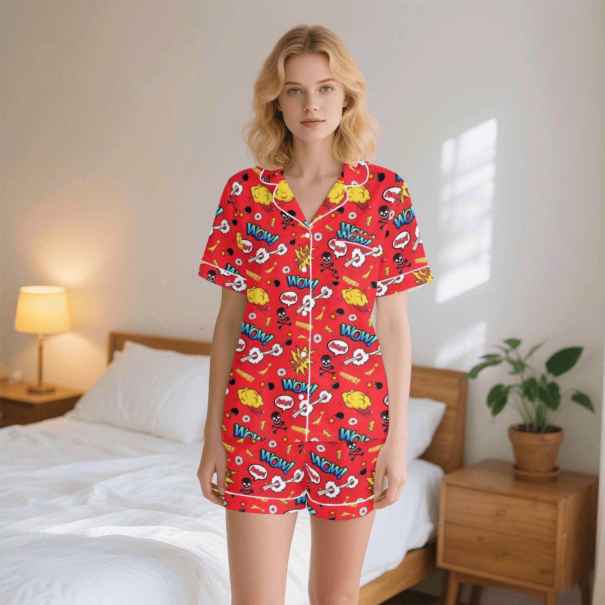 Comic Book Red Womens Short Sleeve 2-Piece Pyjama Set 2XL Women's Short Sleeve Pyjamas Comic Printed Offshore