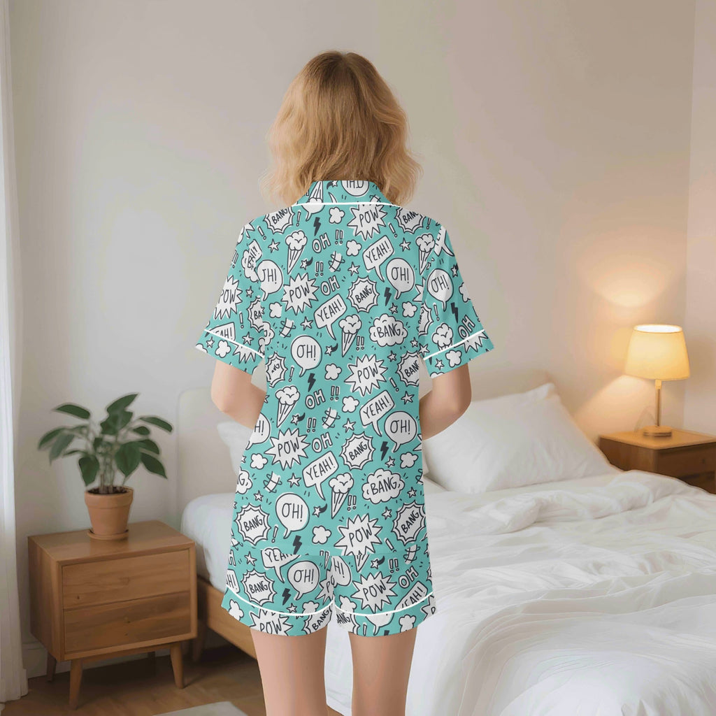 Comic Book Speech Bubbles Womens Short Sleeve 2-Piece Pyjama Set Women's Short Sleeve Pyjamas Comic Printed Offshore