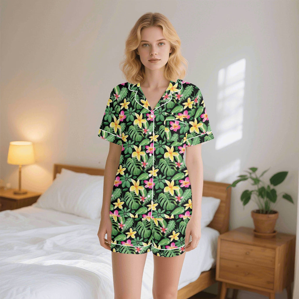 Frangipani Womens Short Sleeve 2-Piece Pyjama Set 2XL Women's Short Sleeve Pyjamas Plants Printed Offshore