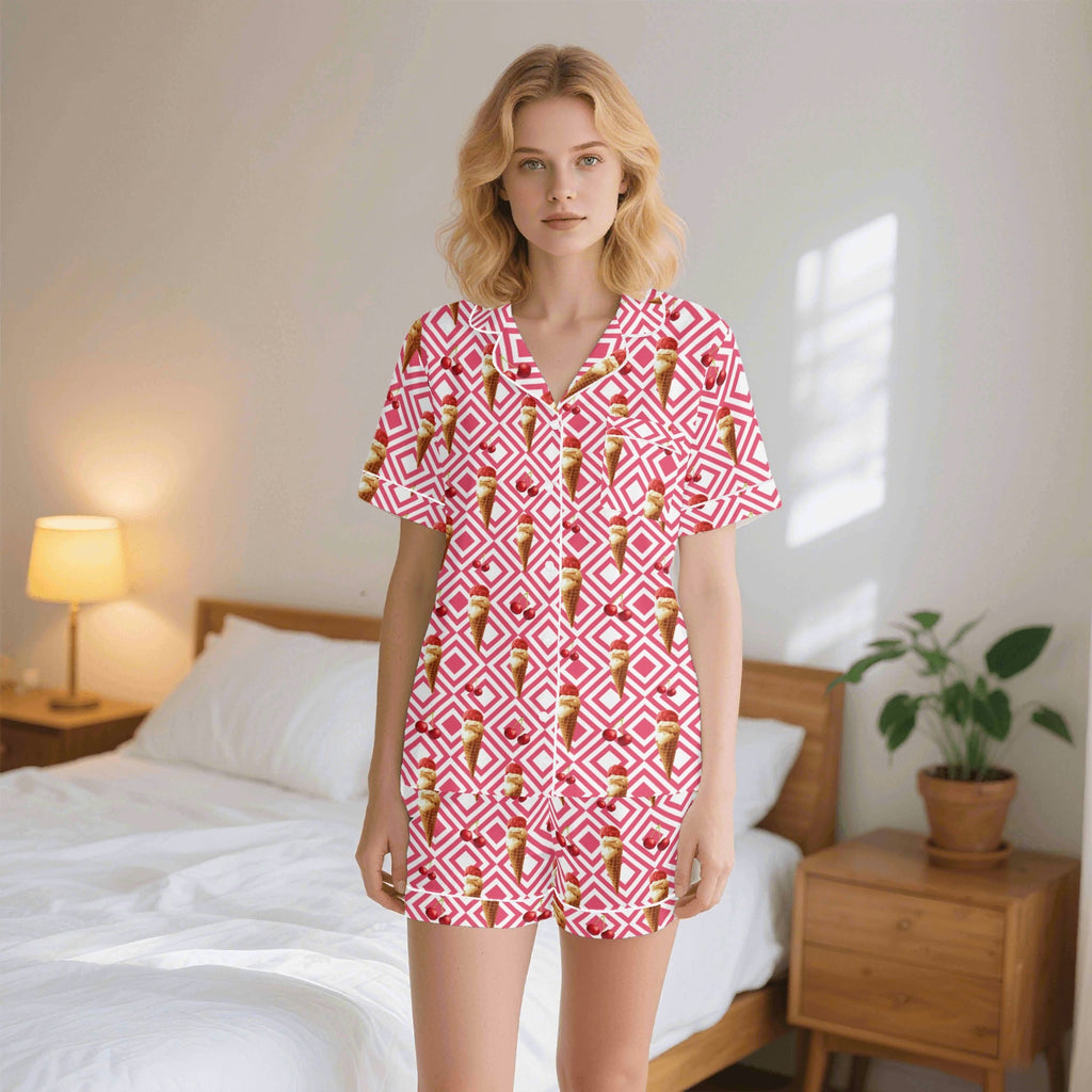 Cherry Ice Cream Womens Short Sleeve 2-Piece Pyjama Set 2XL Women's Short Sleeve Pyjamas Food Printed Offshore