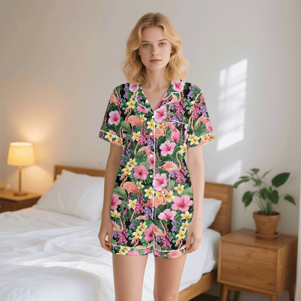 Flamingo Jungle Womens Short Sleeve 2-Piece Pyjama Set 2XL Women's Short Sleeve Pyjamas animal Printed Offshore