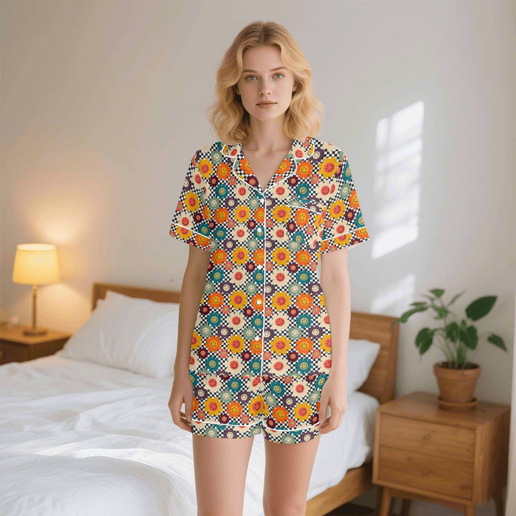 Happy Retro Flowers Womens Short Sleeve 2-Piece Pyjama Set 2XL Women's Short Sleeve Pyjamas Printed Offshore Retro