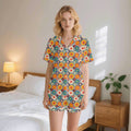 Happy Retro Flowers Womens Short Sleeve 2-Piece Pyjama Set 2XL Women's Short Sleeve Pyjamas Printed Offshore Retro
